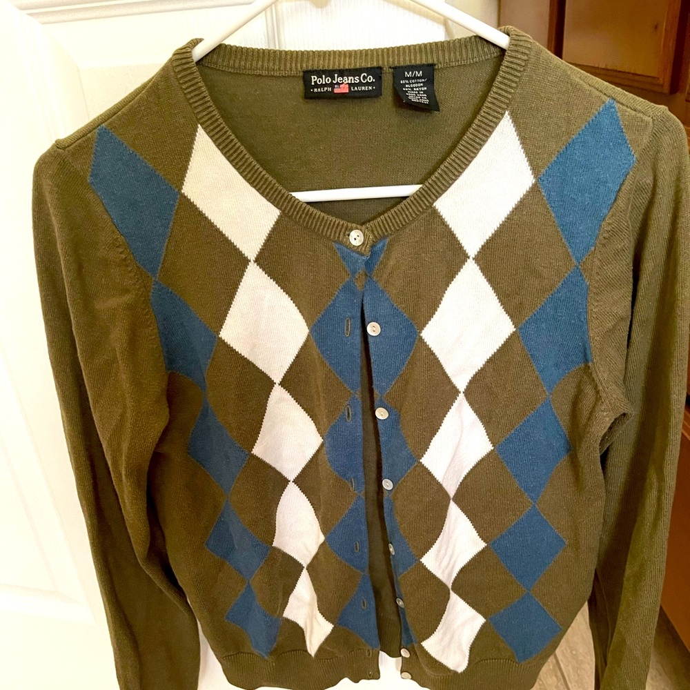 Polo ladies olive green sweater, P2P 16”, sleeves 24”